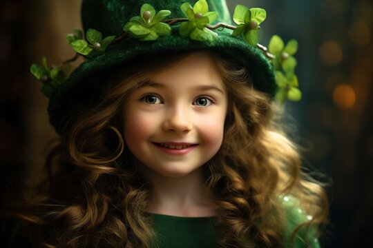 Portrait of a beautiful little girl in a green hat.St. Patrick's Day Concept