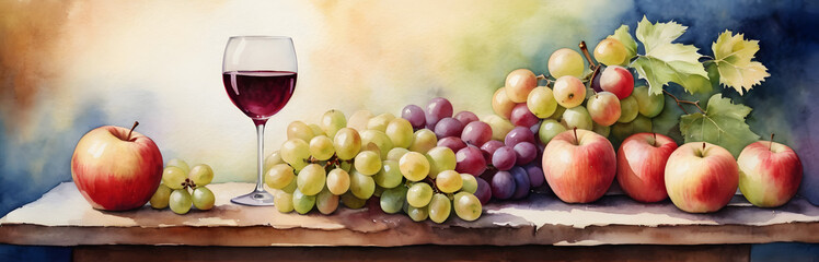 Naklejka na ściany i meble Still Life Composition with Fresh Grapes, Ripe Apples, and Red Wine in Elegant Glasses Against a Colorful Watercolor Backdrop Perfect for Culinary and Lifestyle Themes