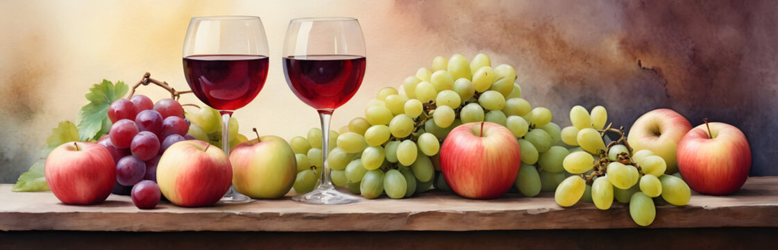 Still Life Composition with Fresh Grapes, Ripe Apples, and Red Wine in Elegant Glasses Against a Colorful Watercolor Backdrop Perfect for Culinary and Lifestyle Themes