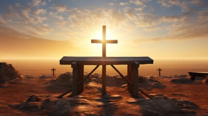 View Of Three Wooden Crosses And Sunrise From Open Tomb - Death And Resurrection Of Jesus Christ  - obrazy, fototapety, plakaty