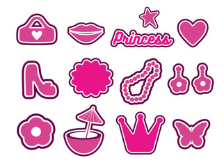 Popular pink collection for girls. heart, daisy, shoe, butterfly, star. logo, sticker, isolated elements on a white background. for print, banner, postcard. art vector illustration. barbie style