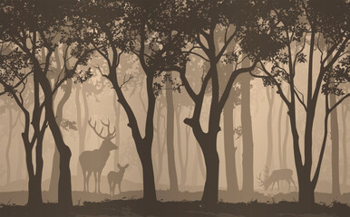 Seamless horizontal background with deciduous forest and deer, vector illustration	