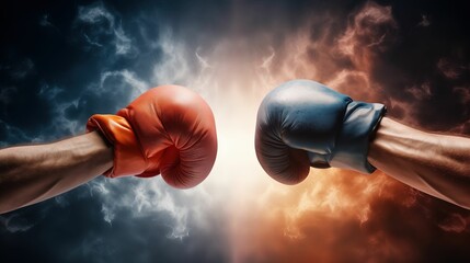 Boxing gloves. Two male hands in boxing gloves fighting with smoke and sunlight. Mixed media.