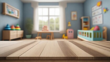 Fototapeta premium Empty wooden table top and blurred kids room interior on the background. Copy space for your object, product, toy presentation. Display, promotion, advertising