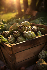 Artichokes harvested in a wooden box in artichoke field with sunset. Natural organic vegetable abundance. Agriculture, healthy and natural food concept.