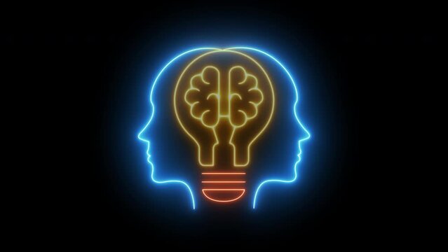 Vector of two human heads, between sharing a glowing human brain inside with light bulb. The concept for innovation, technology, AI or new idea generation. Able use graphic isolated transparent backgr
