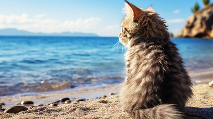 海を見つめる可愛い子猫(generative ai) - obrazy, fototapety, plakaty