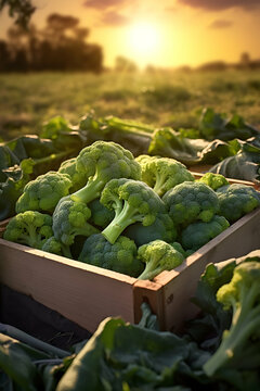 Broccoli harvested in a wooden box with field and sunset in the background. Natural organic fruit abundance. Agriculture, healthy and natural food concept. Vertical composition.
