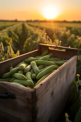 Gherkins harvested in a wooden box with field and sunset in the background. Natural organic fruit abundance. Agriculture, healthy and natural food concept. Vertical composition.