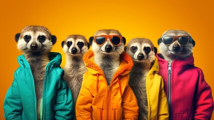 Creative animal concept. Meerkat in a group, vibrant bright fashionable outfits isolated on solid background advertisement - obrazy, fototapety, plakaty