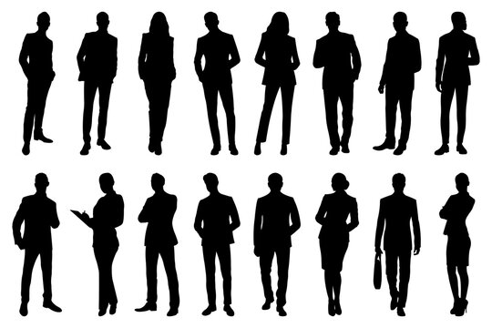 Group of standing business people.Silhouettes of men and women.Vector illustration,isolated on white background.