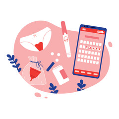 Menstruation period composition with calendar on smartphone, menstrual cup, pills. Flat vector illustration.