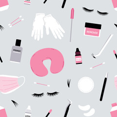 Eyelash extension tools pattern. Flat vector illustration.