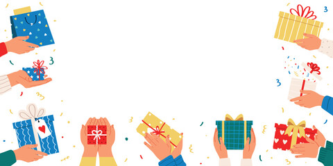Different hands holding gift boxes. Flat vector illustration on white background.