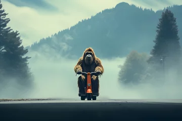 Foto op Plexiglas hairy beast Bigfoot rides scooter © Alex Bur