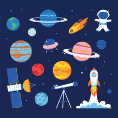 Solar system set on a dark background. Space. Flat vector illustration.