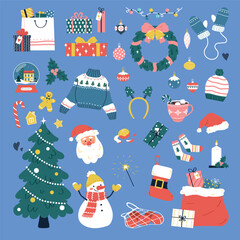 Fototapeta na wymiar Set of items for Christmas celebration. Flat vector illustration isolated on blue background.