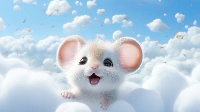 Cute little white mouse in the clouds. 3d rendering. 