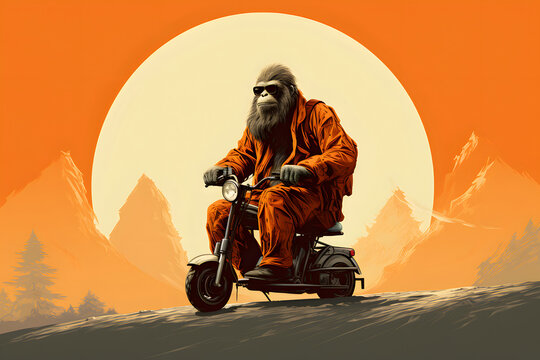 hairy beast Bigfoot rides scooter illustration