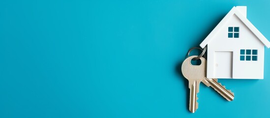 The concept of buying real estate, minimalistic blue background. A key with a keychain in the form of a house. Rental housing, purchase or sale. Banner with copy space. Generative AI. - Powered by Adobe