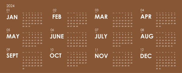 new year calender 2024 quarterly white font on a nude background