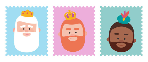 Cute Stamps packs of the wise men. The three kings of orient, Melchior, Gaspard and Balthazar.