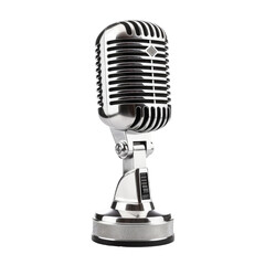 Vintage silver chrome professional microphone with base isolated on cutout PNG transparent background