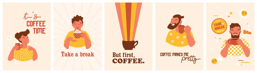 Fototapeta premium Coffee posters in retro style with funny people holding drinks. Woman, man with cappuccino. Vintage emoji, stars, flowers on card. Print for cafe, restaurant, bar. Vector illustrations set.