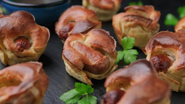Mini Toad in the holes, Baked sausages in Yorkshire pudding with gravy. Rotating video