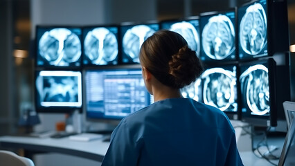 Female neurosurgeon analyzing computer tomography of the brain on a monitor in a modern hospital. health concept. - obrazy, fototapety, plakaty