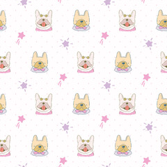 Seamless Pattern of Cute Cartoon French Bulldog Face and Star Design on Light Pink Background with Dots