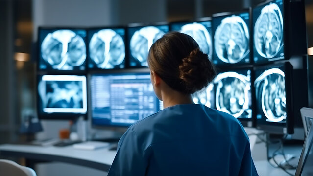 Female neurosurgeon analyzing computer tomography of the brain on a monitor in a modern hospital. health concept.