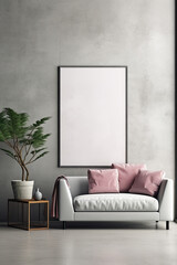Mockup of empty wall frame on gray wall in living room interior with modern furniture, AI Generated