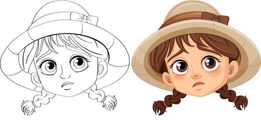 Sad Girl with Braids: A Doodle Outline for Coloring