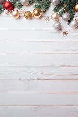 Christmas baubles and fir branches on a white wooden background.
