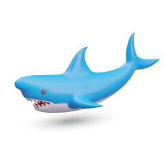 Realistic shark on white background. Shark fish mascot design. Toy concept. Ocean swimming animal. Vector illustration in 3d style in blue colors on white background