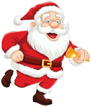 Cheerful Santa Claus Cartoon Character Running with Bell