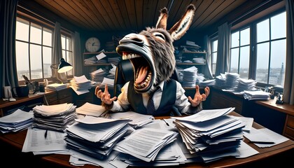 Anthropomorphic donkey working on office desk  - obrazy, fototapety, plakaty