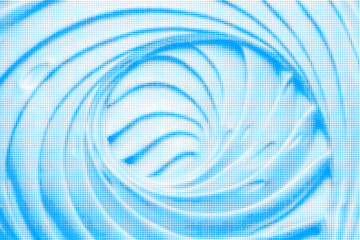Marshmallow, twisted into spiral, close-up, from blue circle dots of different sizes on white background