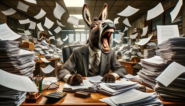 Anthropomorphic donkey working on office desk 