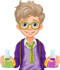Foto op Plexiglas Male student cartoon holding conical flask on science class experiment © GraphicsRF