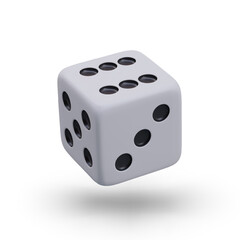 Single playing dice on white background. Realistic vector image, game accessory. Symbol of fortune, luck, gambling. Color illustration for web design. Online casino icon