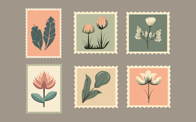 A set of postcards with a variety of  botanical plants and flowers. Miniature images of endangered flora. For wedding invitations, parties,сards.