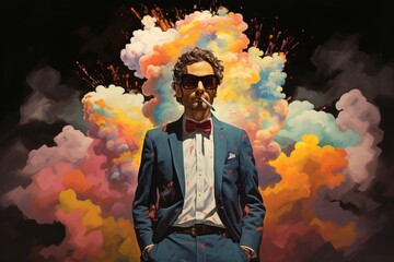 A Man Standing in Front of a Vibrant Cloud of Colored Smoke - obrazy, fototapety, plakaty