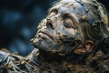 Fototapeta na wymiar Close-up of sleeping zombie woman's face, horror theme.