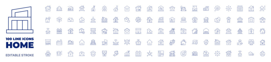 100 icons Home collection. Thin line icon. Editable stroke. Home icons for web and mobile app. - obrazy, fototapety, plakaty