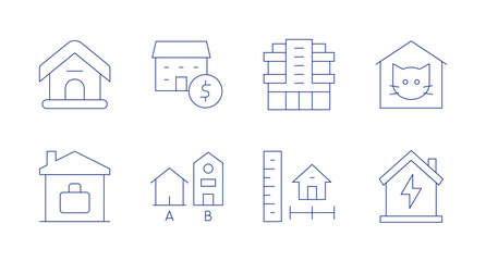 Home icons. Editable stroke. Containing dog house, work from home, modern house, house design, valuation, house, pet, energy.