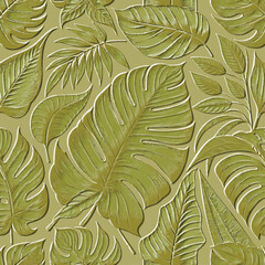 Green Textured floral line art tropical plants leaves 3d seamless pattern. Relief background. Repeat embossed backdrop. Surface leaves, branches. 3d endless leafy ornament with embossing effect