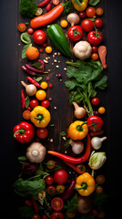 Fototapeta na wymiar Layout of vegetables on a grey background with space for text and design.
