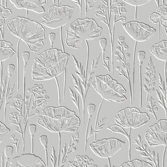 White textured floral line art emboss poppy flowers 3d seamless pattern. Relief vector embossed poppies background. Repeat backdrop. Surface flowers, leaves. 3d wildflowers beautiful grunge ornaments